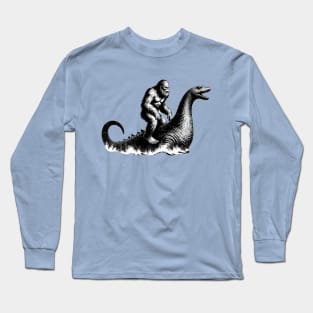 Bigfoot Riding Loch Ness, Funny Sci-Fi Sasquatch Long Sleeve T-Shirt